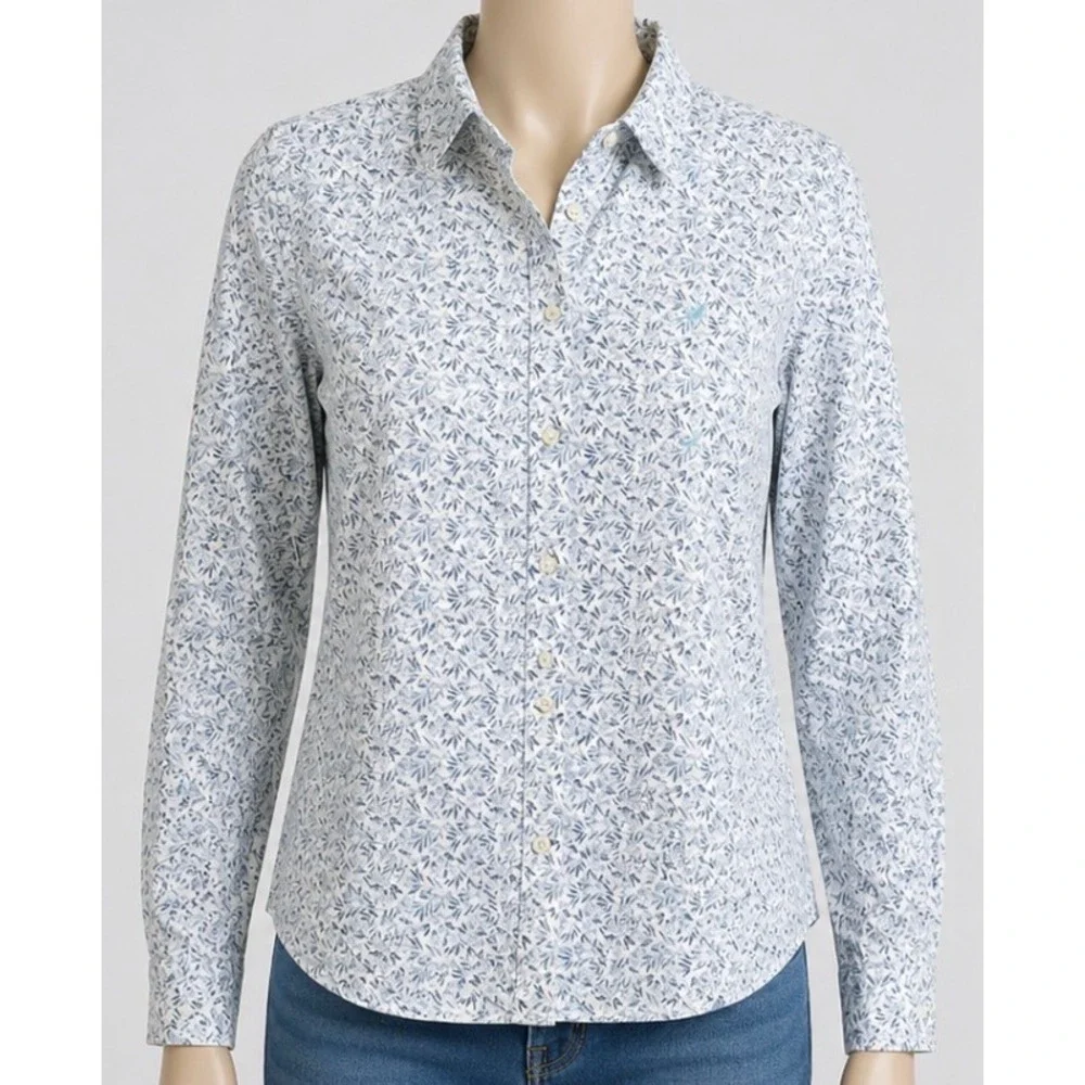 Nautica Womens Large Blue White Floral Leaf Print Button Down Shirt Classic Fit